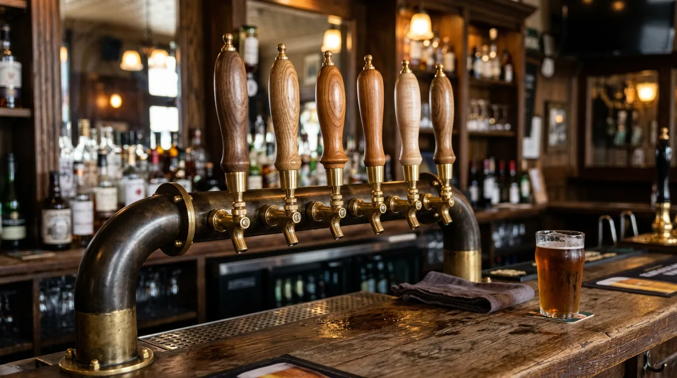 Wooden beer tap handles in a row at a bar counter, hand-turned natural finish with brass fittings