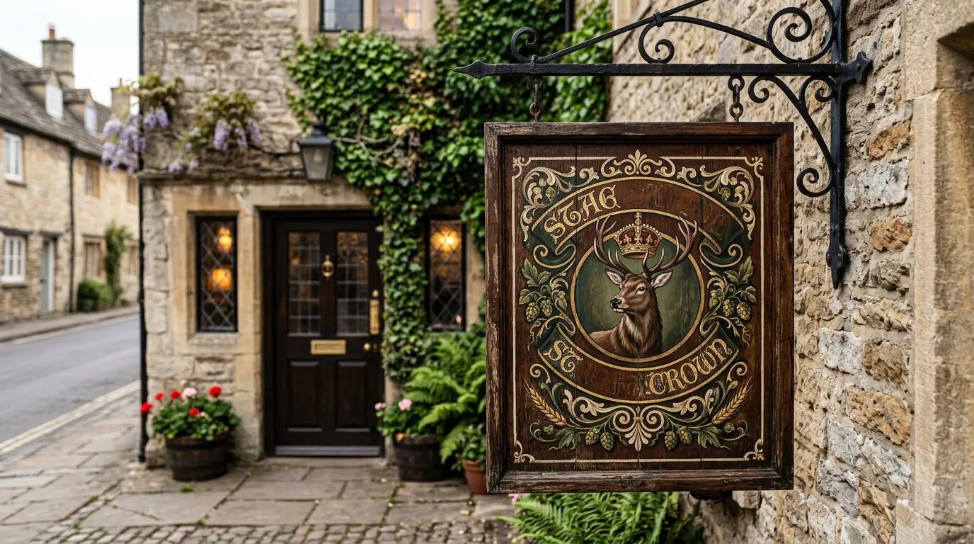 Hand-painted wooden pub sign hanging outside a vintage bar entrance, rich stained finish with decorative lettering detail